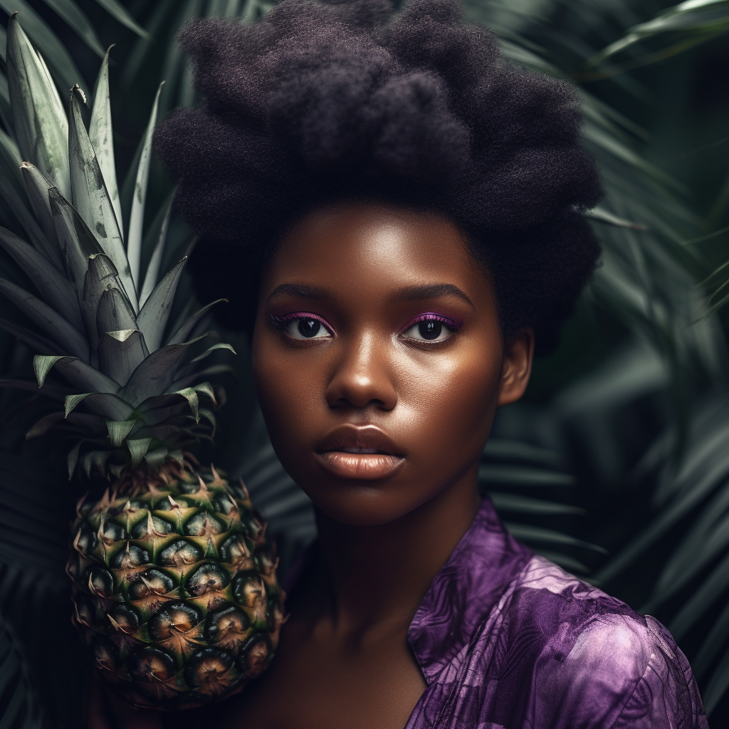 Gorgeous black woman with pineapple leaves in hair