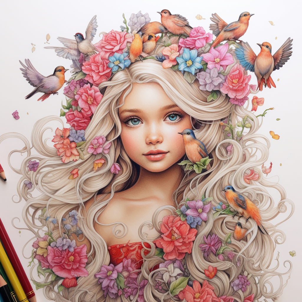 Blonde girl with flowers and birds