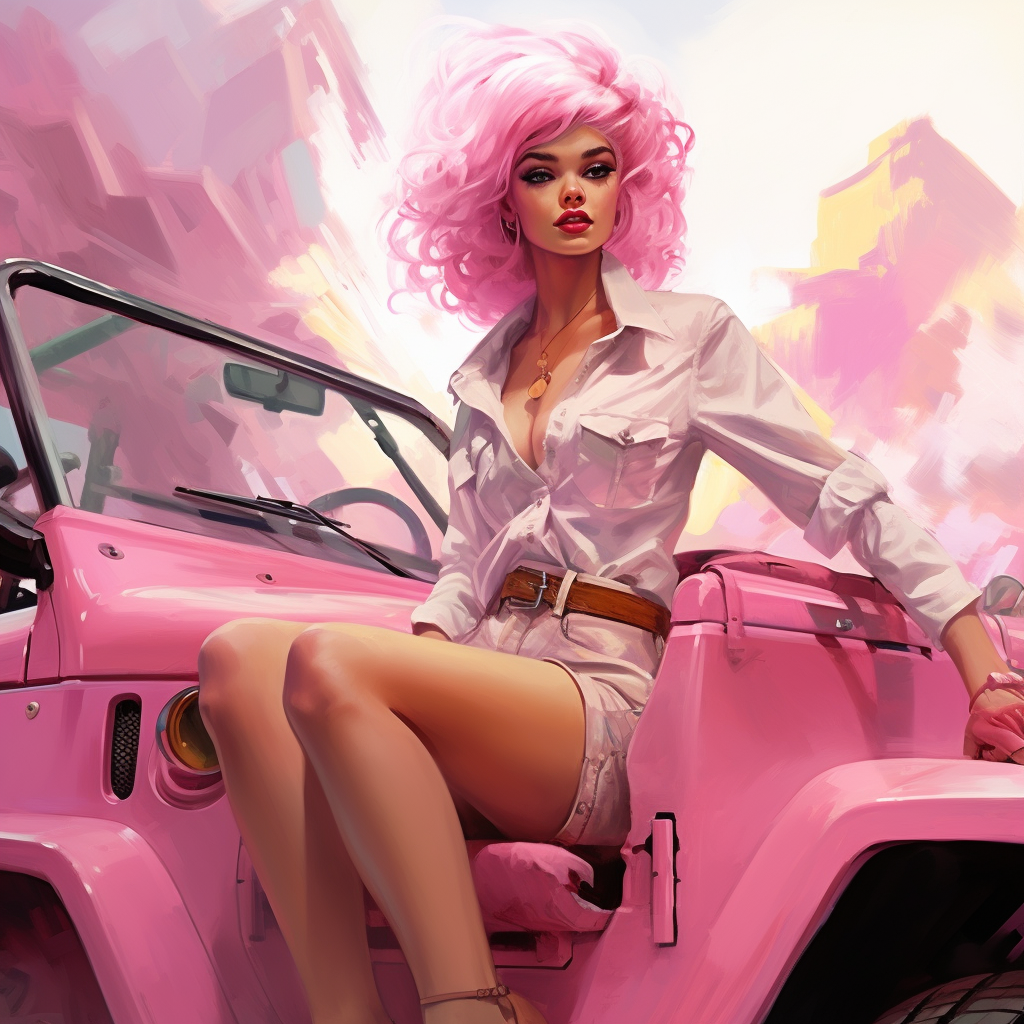 blonde-haired woman driving pink jeep