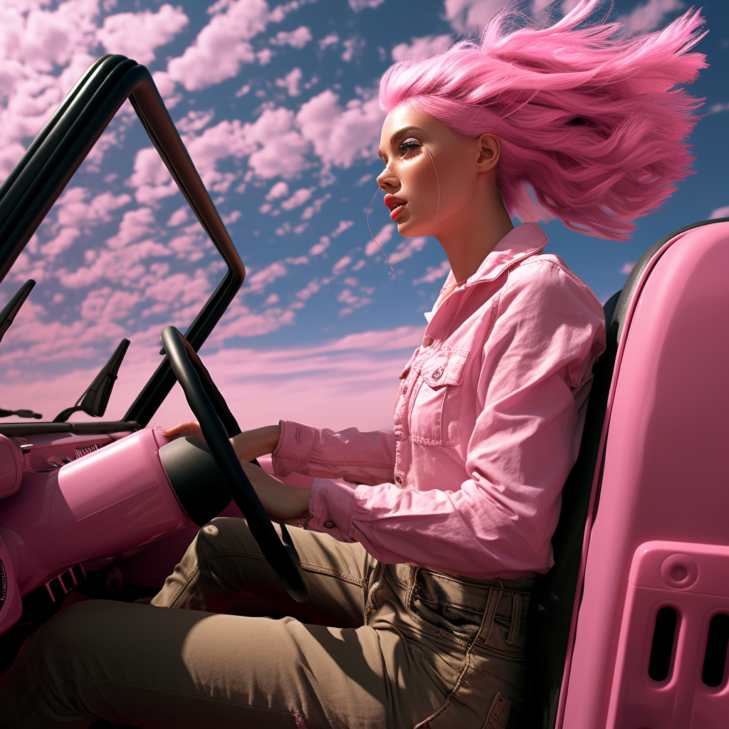 Blonde Woman Driving Pink Jeep