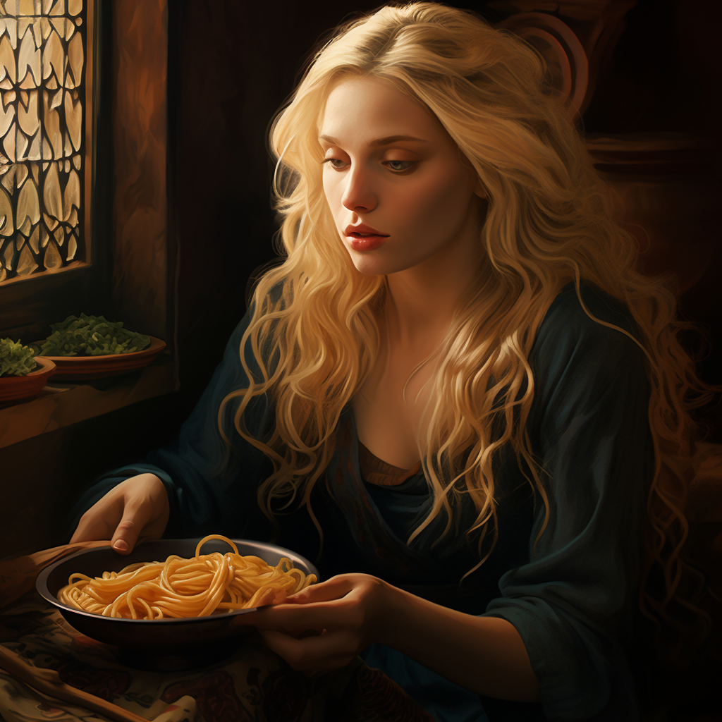 Beautiful blonde woman enjoying a bowl of pasta