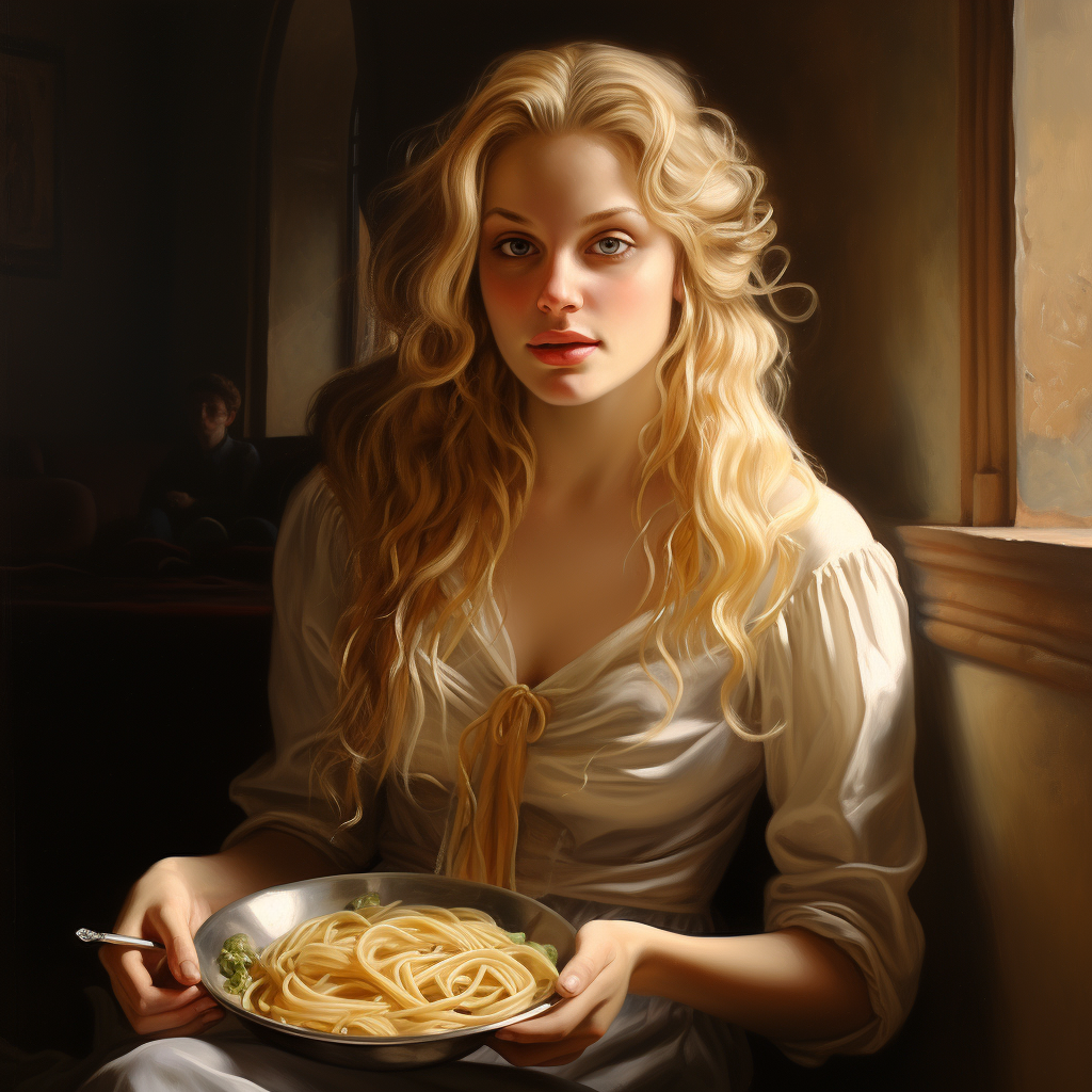 Blonde woman enjoying a delicious pasta meal