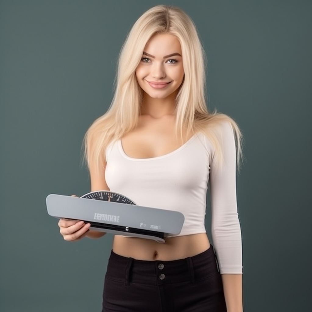 Blonde woman displaying balanced scale