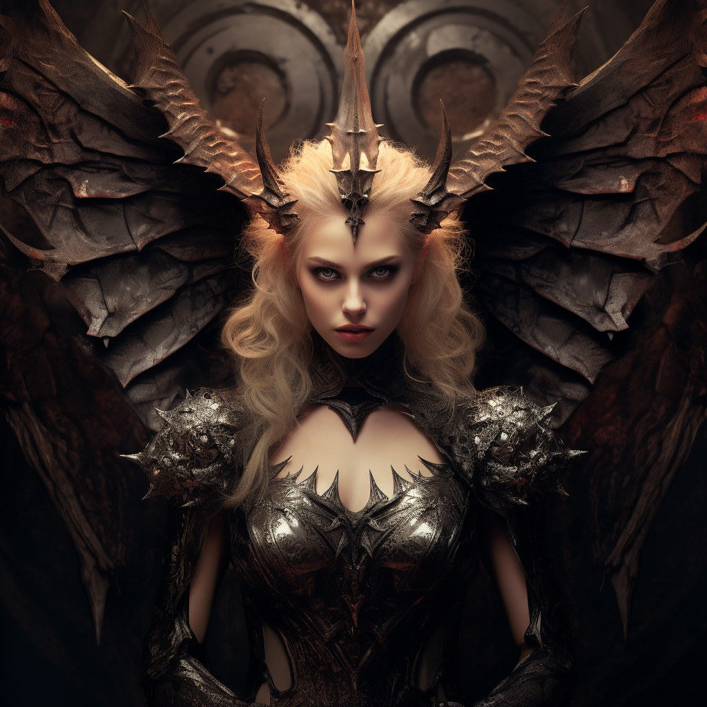 Beautiful blonde woman with horns and bat wings