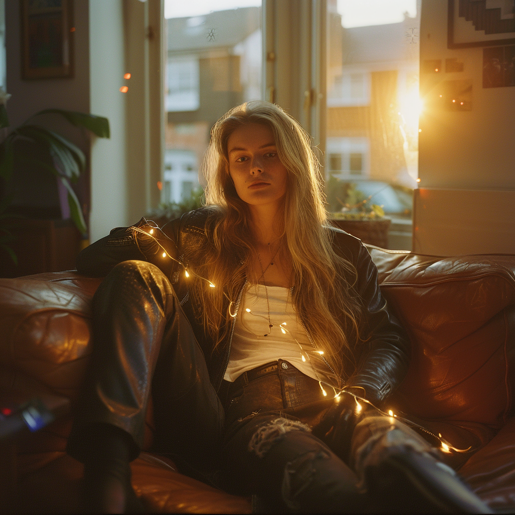 Beautiful blonde woman sitting on sofa at sunset