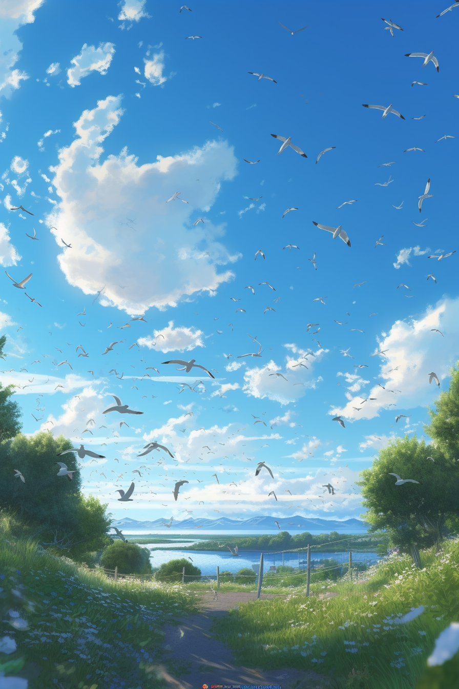 Serene blue summer sky with seagulls