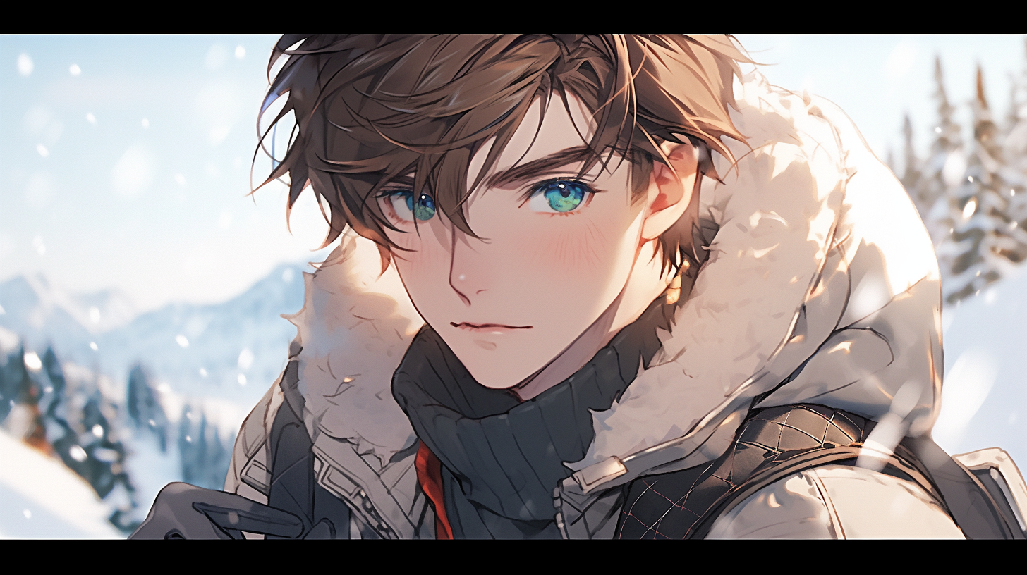 Handsome boy with blue eyes in winter mountains