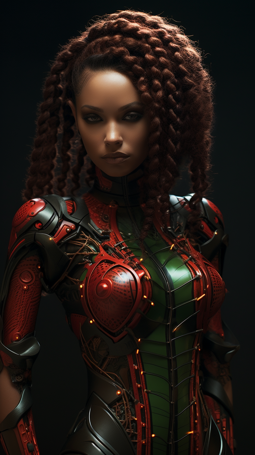 Elegant braided cyborg wearing red and green futuristic outfit