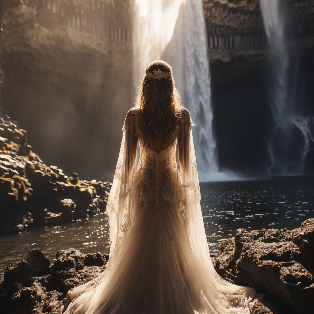 bride with white veil at waterfall