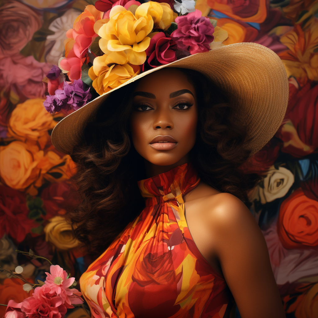 Beautiful brown woman in dress and hat with flowers