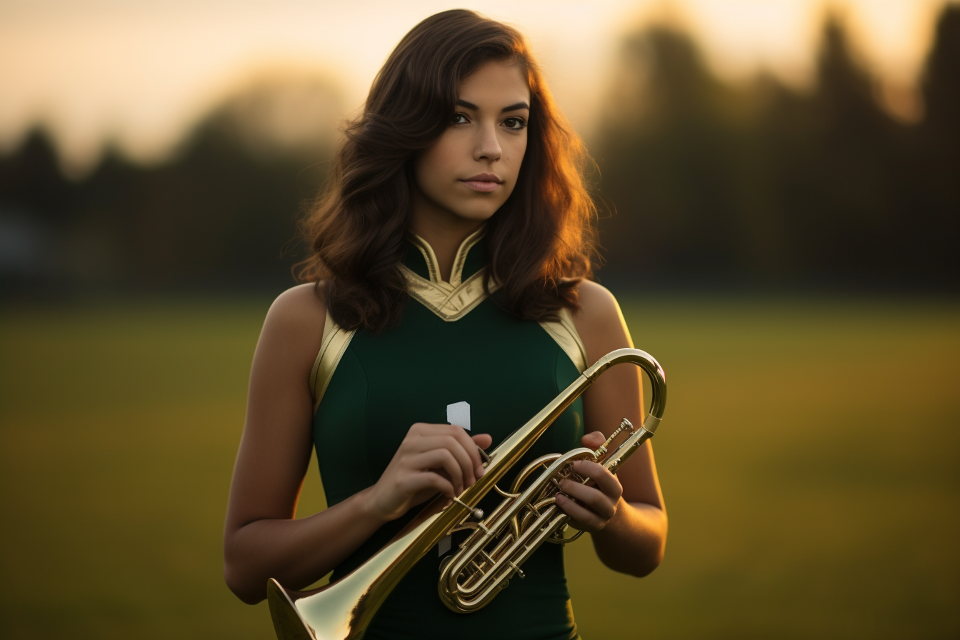 Young woman playing a trumpet in band uniform