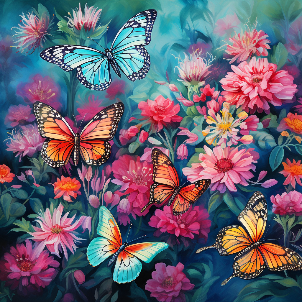 Colorful butterflies in a flower garden