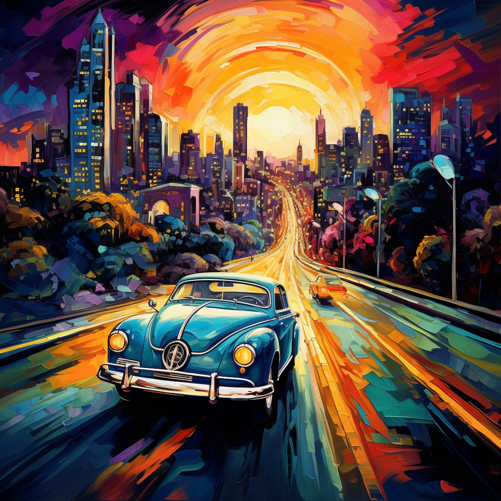 Vibrant Car Driving with Cityscape View