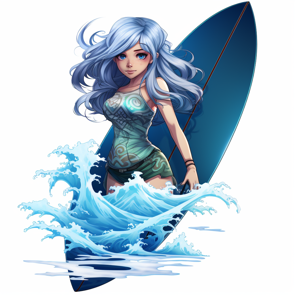 Cartoon woman with blue hair riding surfboard