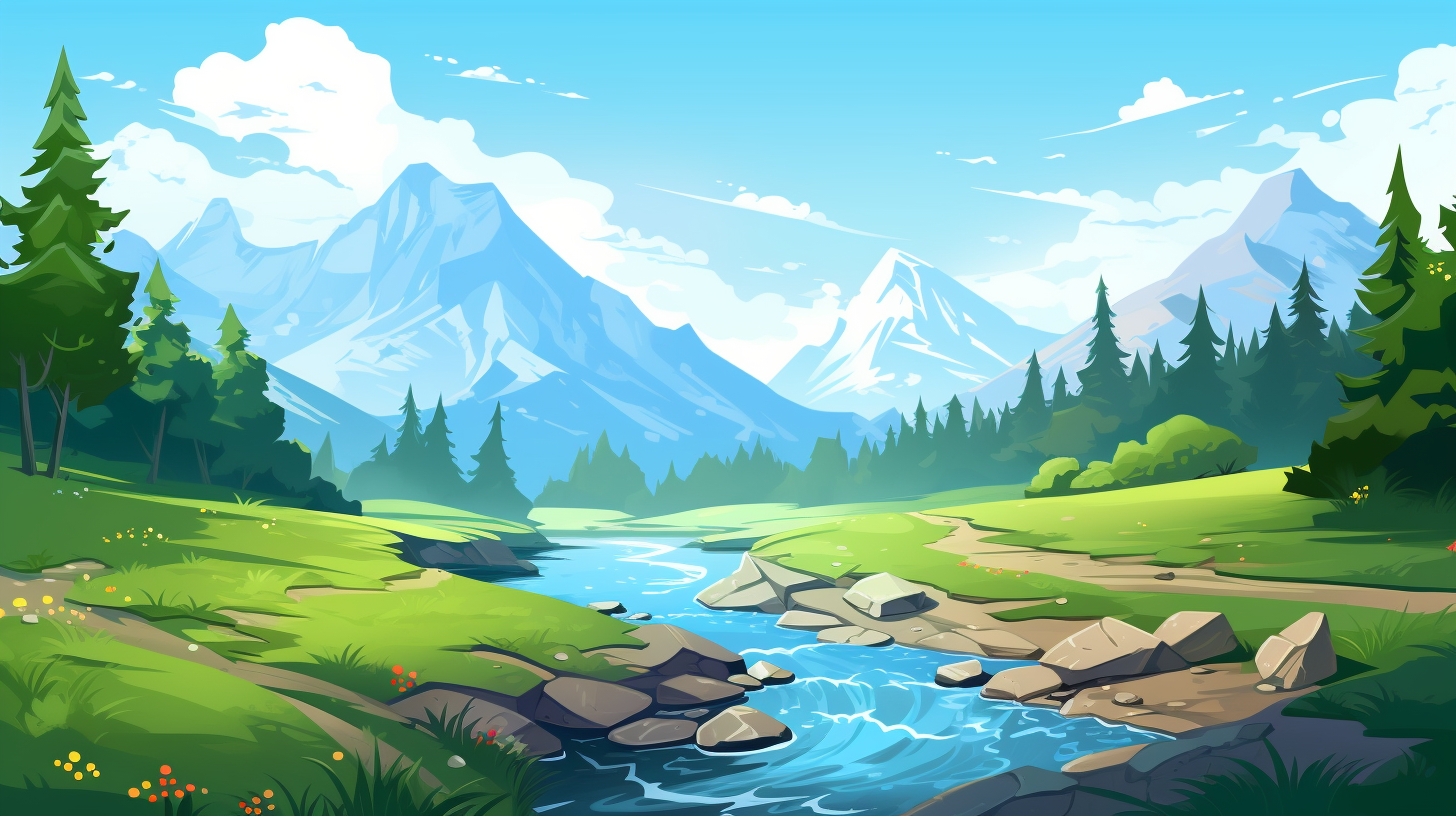 Cartoon style of a beautiful mountain river