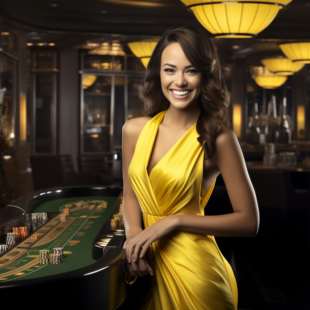 Smiling casino dealer in yellow dress