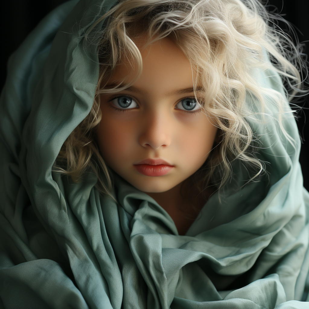 Child with white hair and loving eyes by the sea