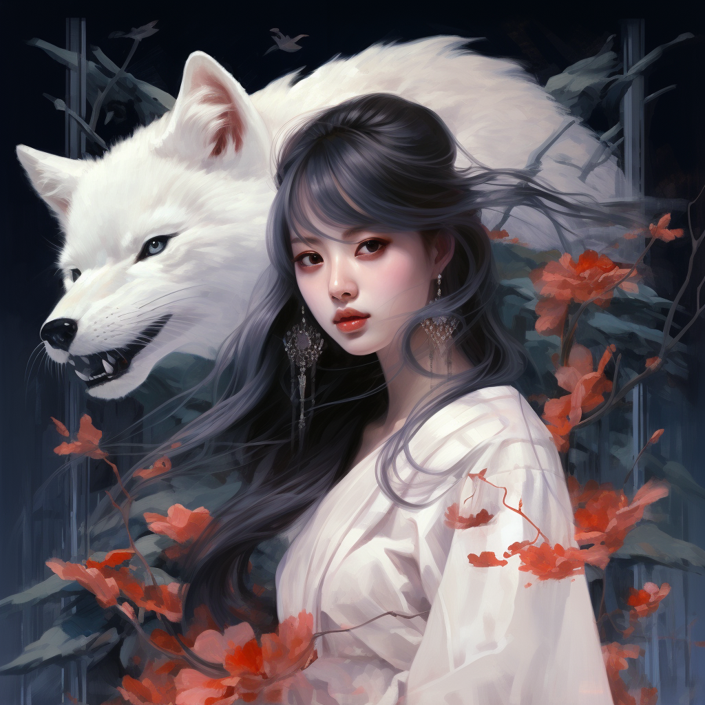 Beautiful Chinese girl with ghost-like white fox