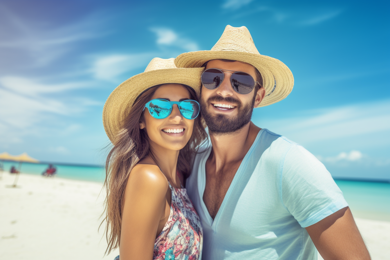 Smiling couple on the beach with sunglasses and hat