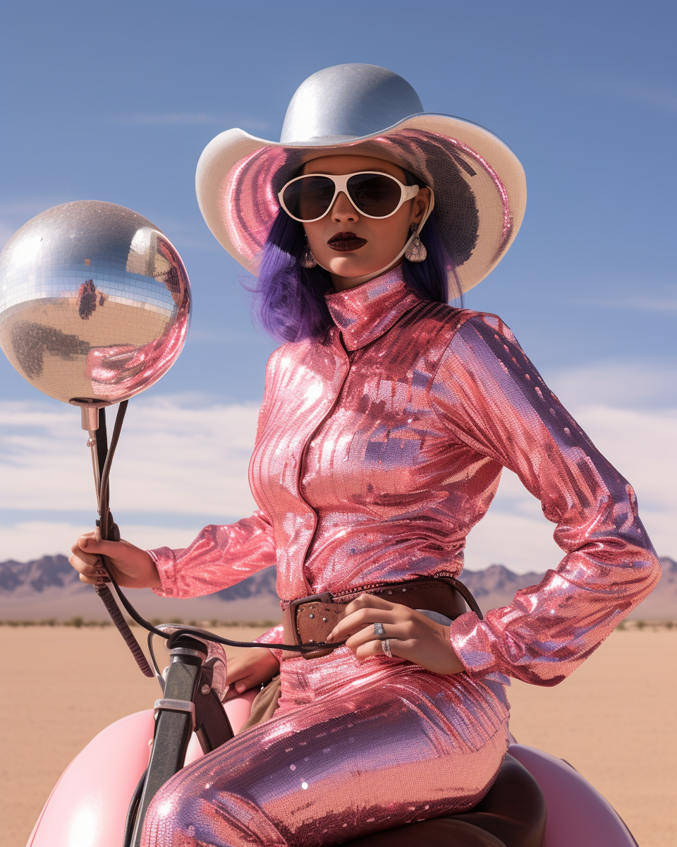 Cowgirl riding disco ball horse in desert