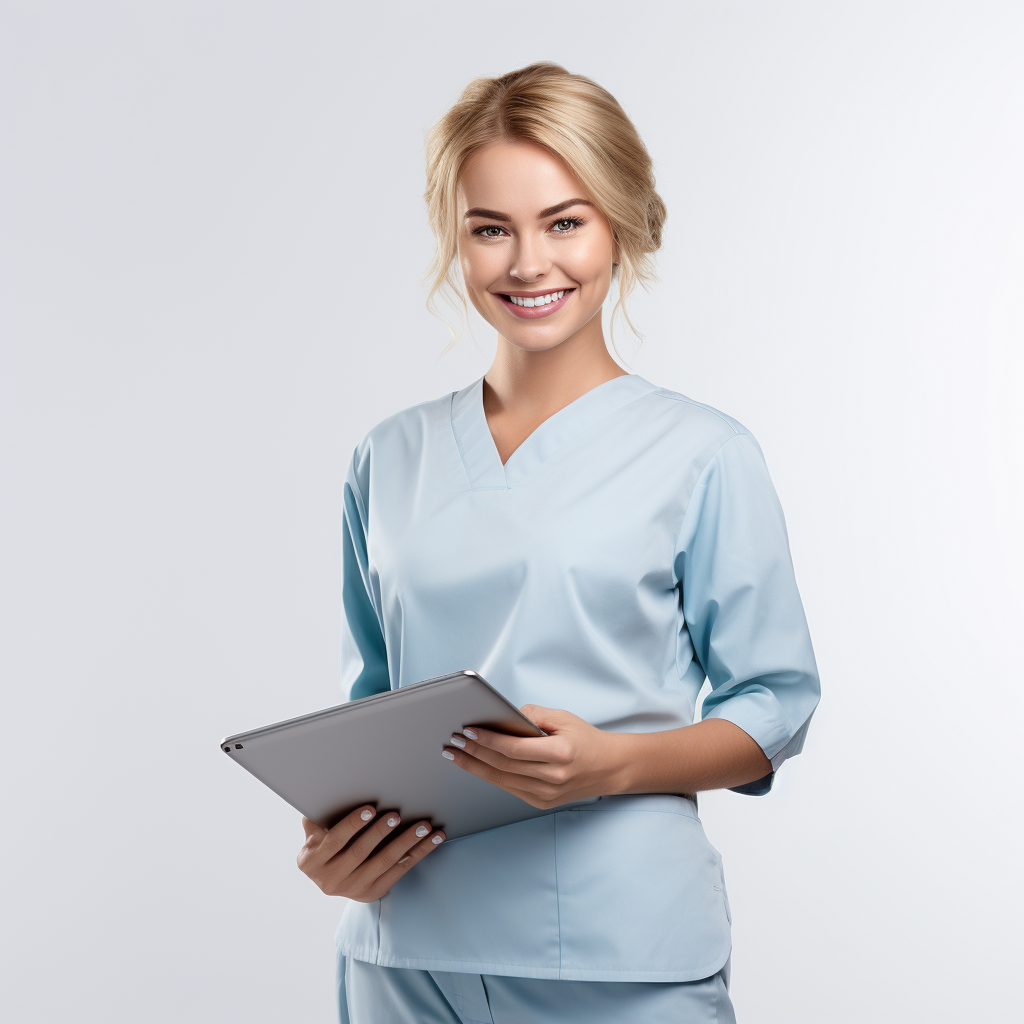 Dentist girl holding iPad in white uniform