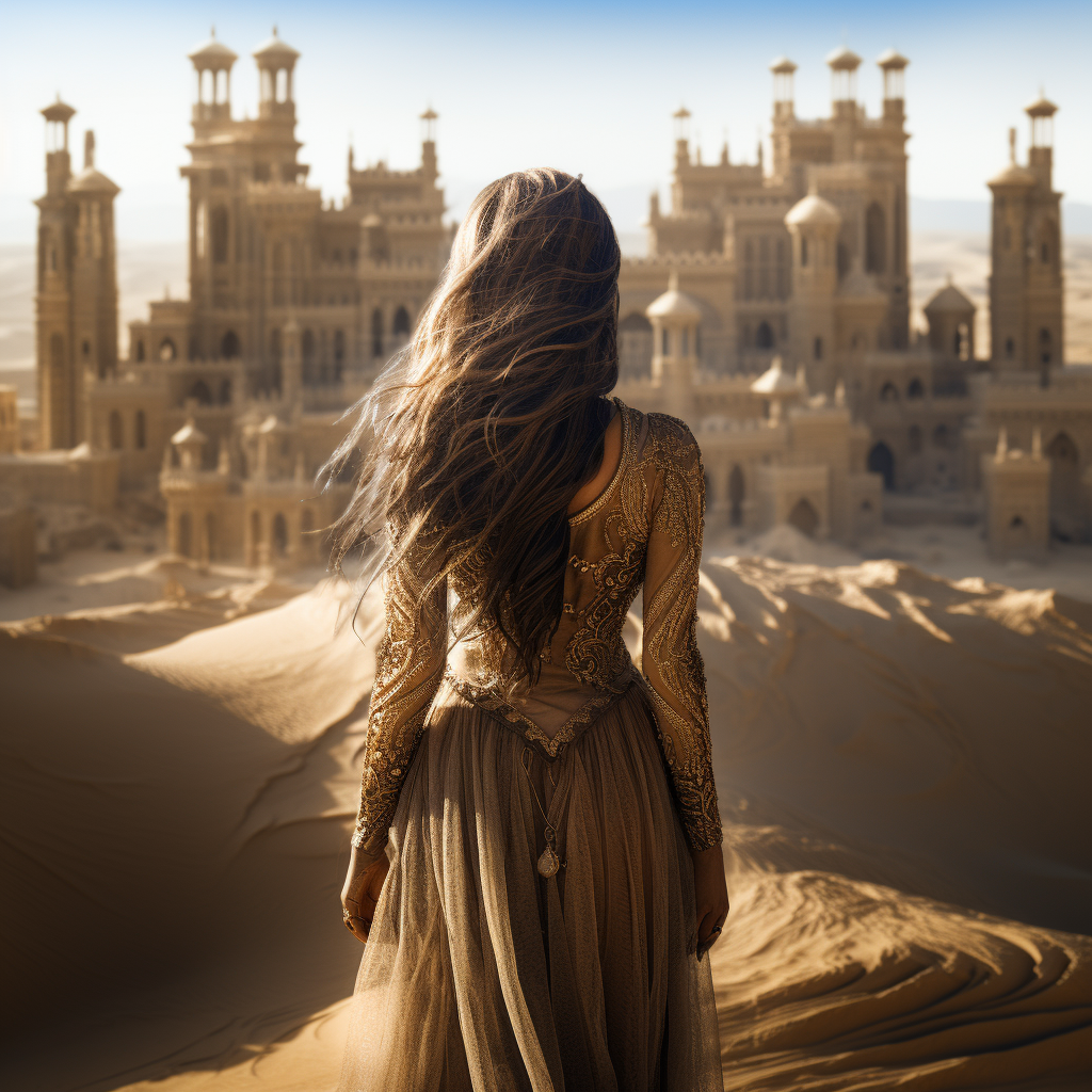 Majestic desert queen standing outside her palace