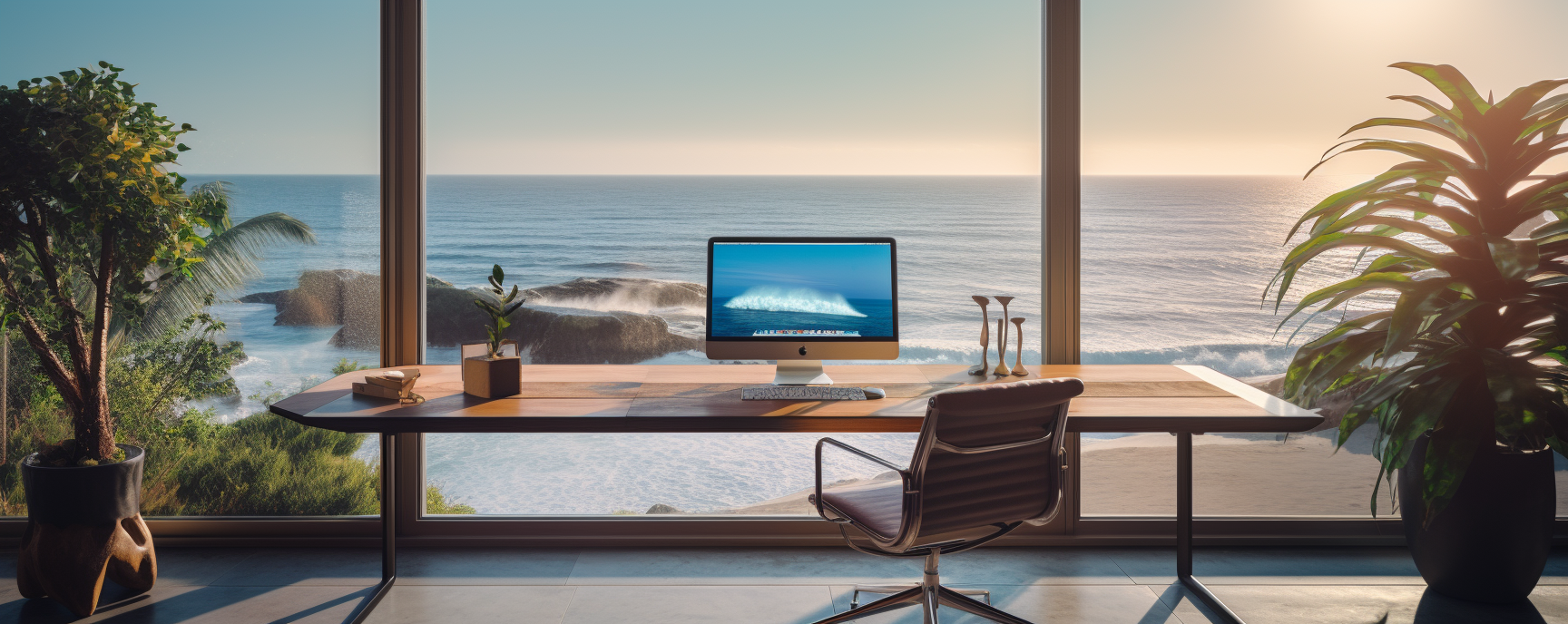 Elegant desk setup with ocean view