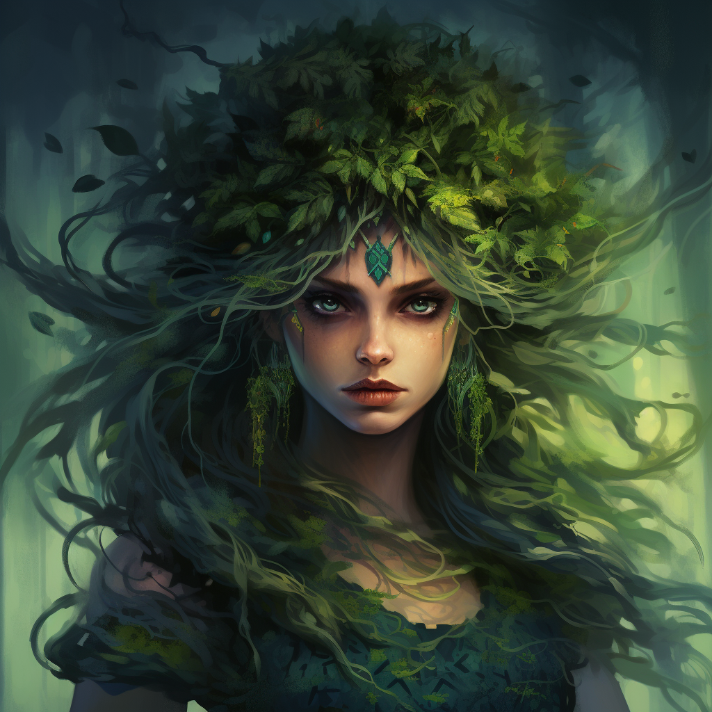 Stunning dryad with green hair and emerald eyes