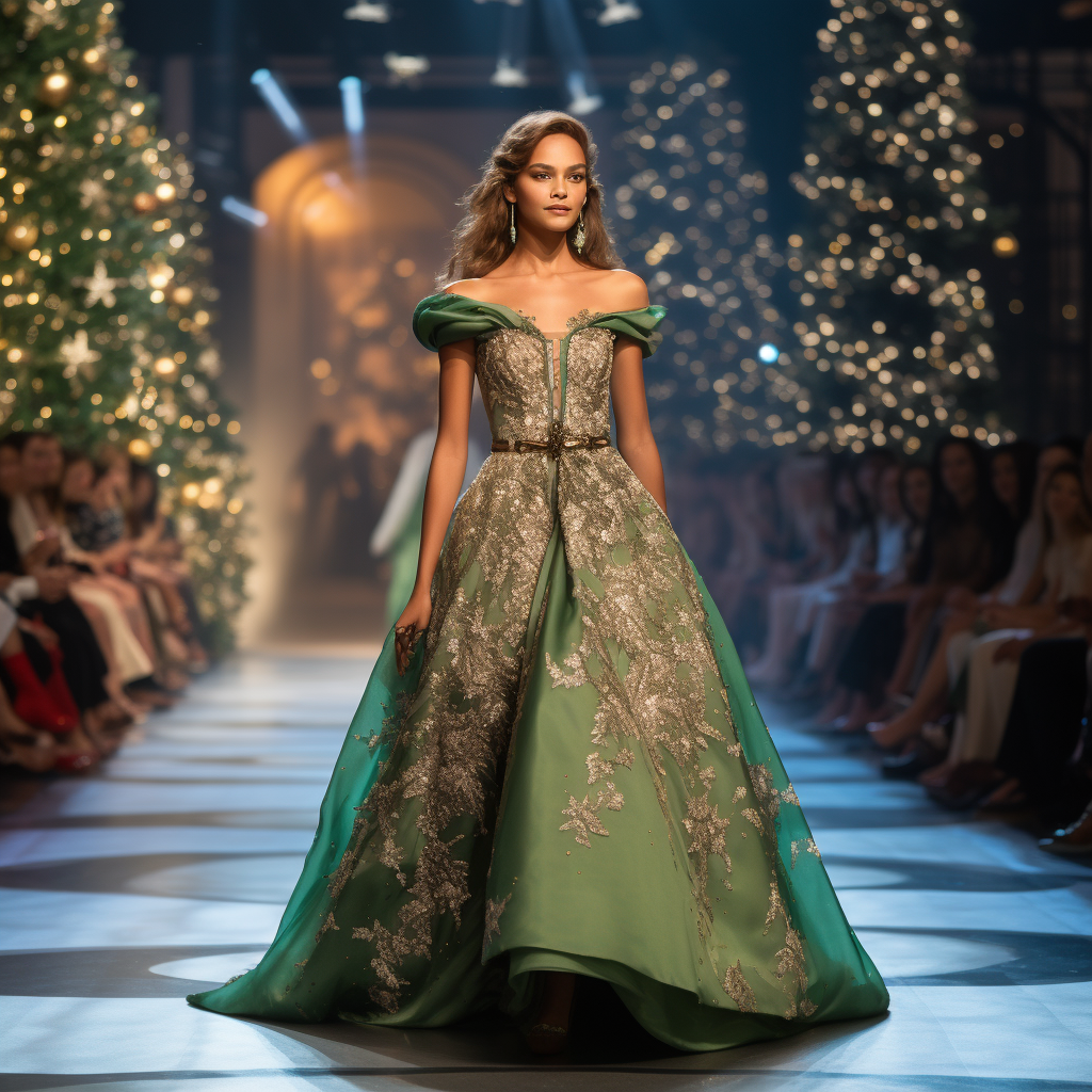 Gorgeous elf model in holiday gown walking the runway