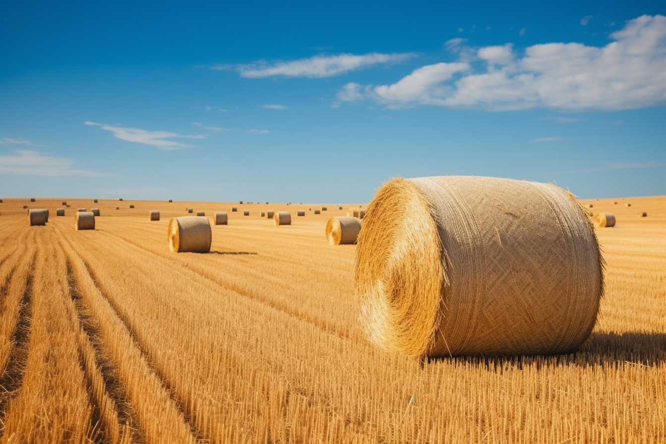 Scenic view of English countryside with hay bales