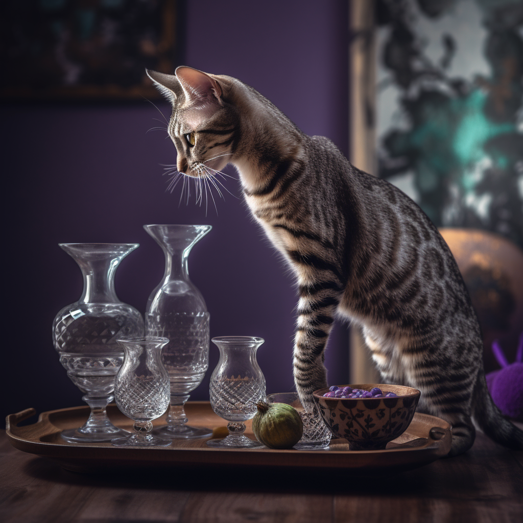 Exotic spotted cat balancing carafe on tray