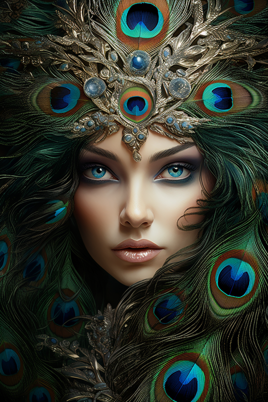 Woman with Peacock Feathers and Beautiful Eyes