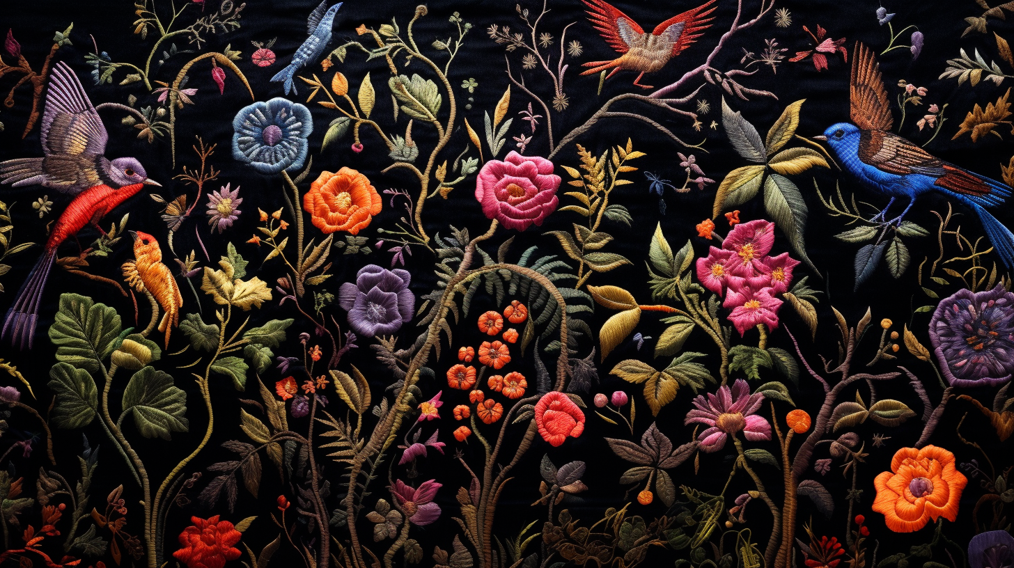 Colorful decaying flowers, birds, and rabbits on fabric