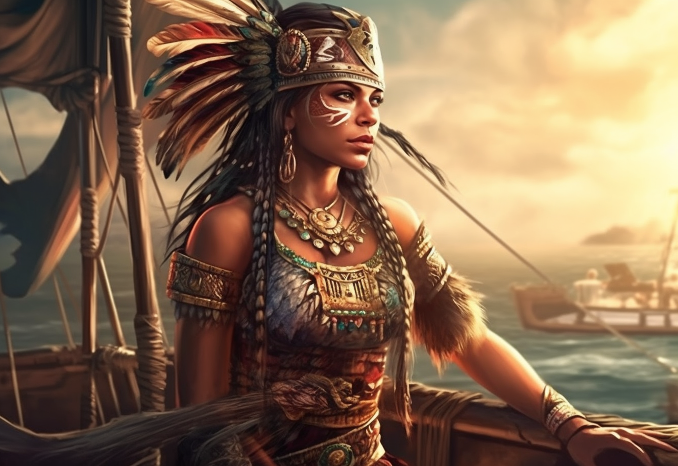 Beautiful female Aztec warrior sailing ship depiction