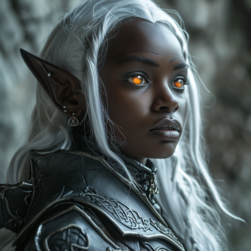 Beautiful female drow mage with orange glowing eyes