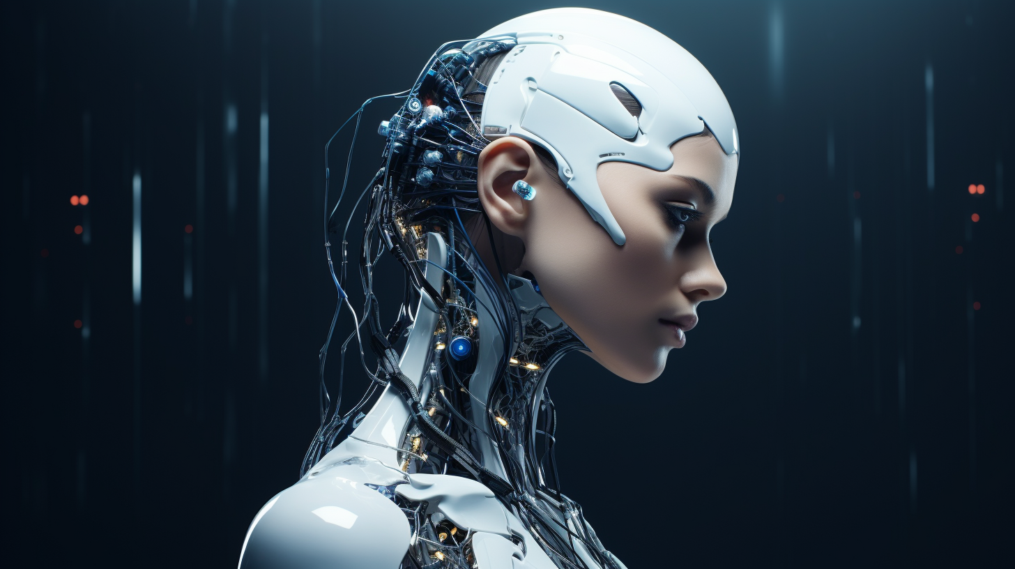 Robotic female with circuits and wires in dark background