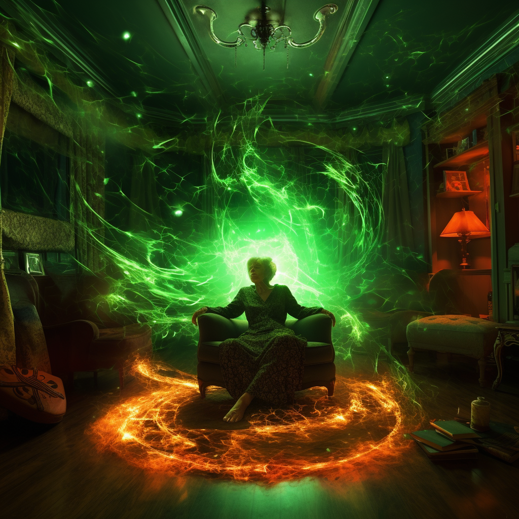 Female meditating in green bodysuit surrounded by flames