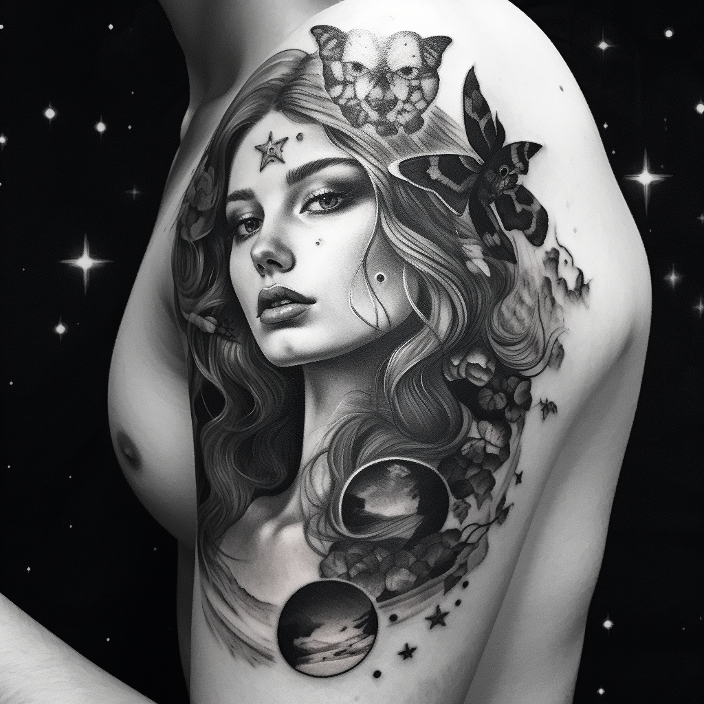 Realistic tattoo design with moon, stars, and butterflies