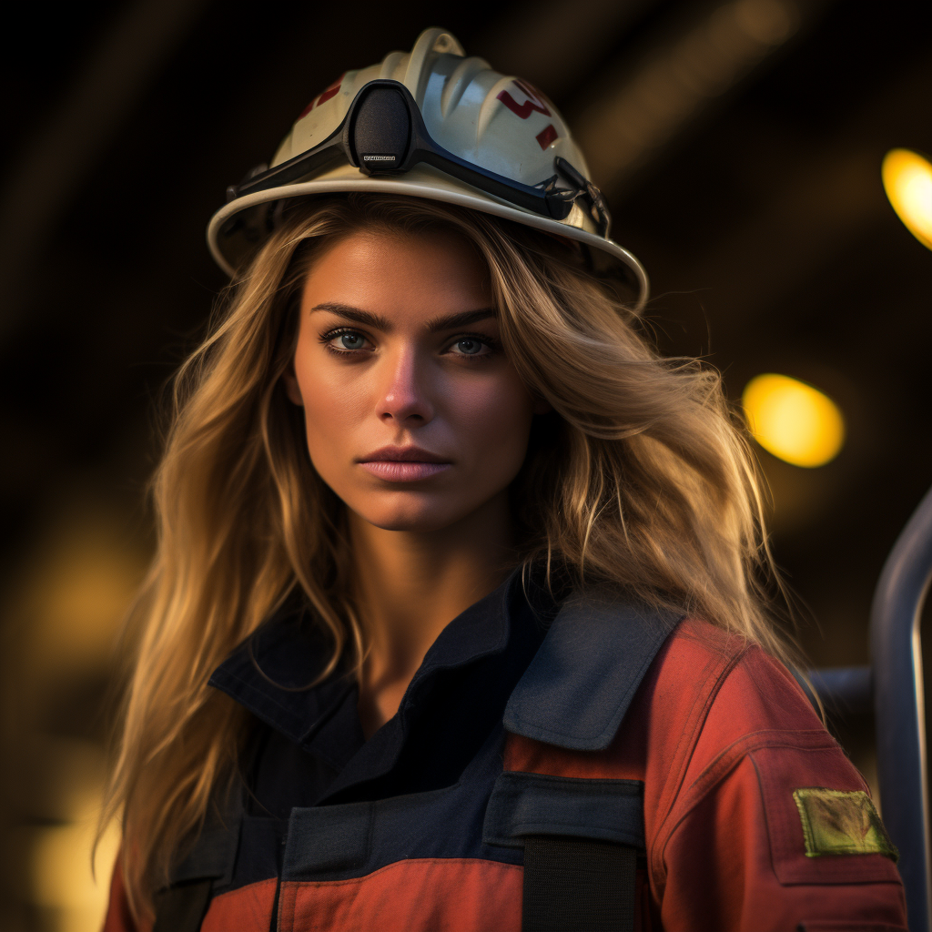 Stunning woman firefighter at faire station