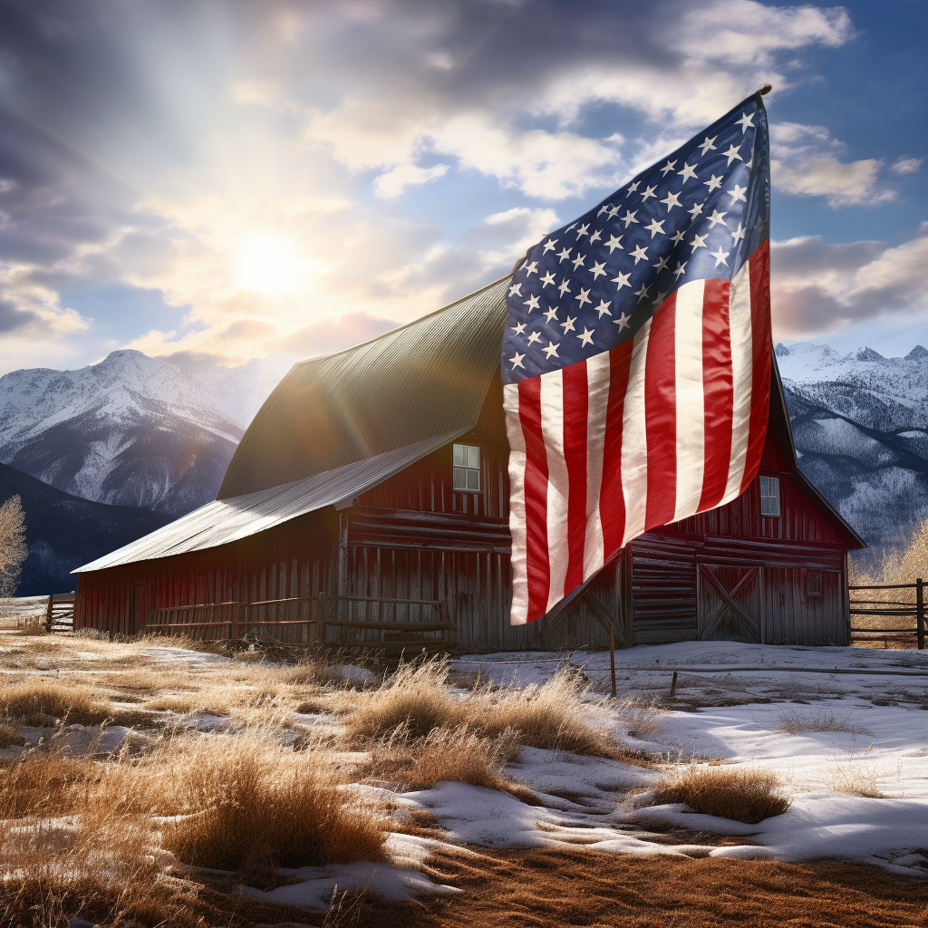 Flag waving proudly in front of mountain barn