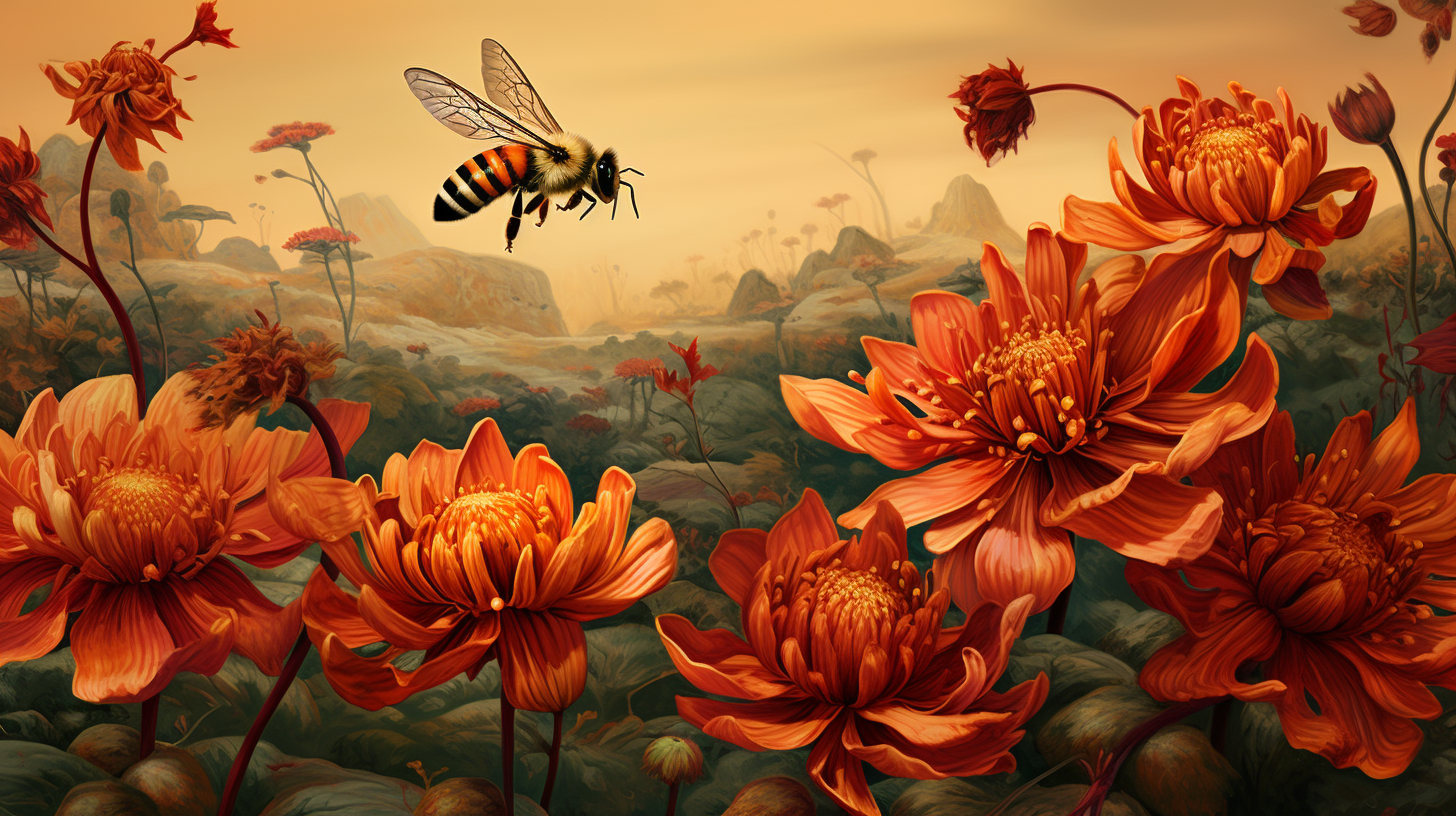 Illustration of bees in a flower garden