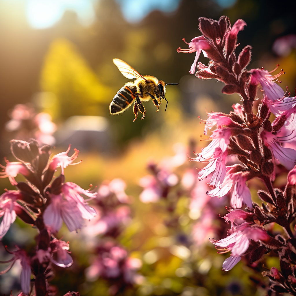 Two bees flying in a stunning flower garden