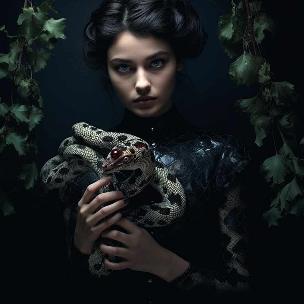 Woman holding black bush viper in special dress