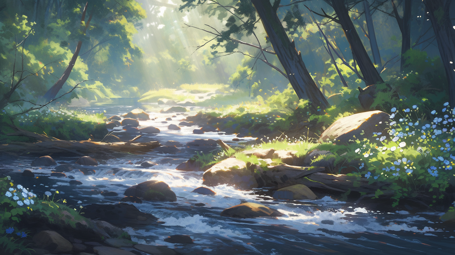 Scenic view of a forest with a big tree and flowing river