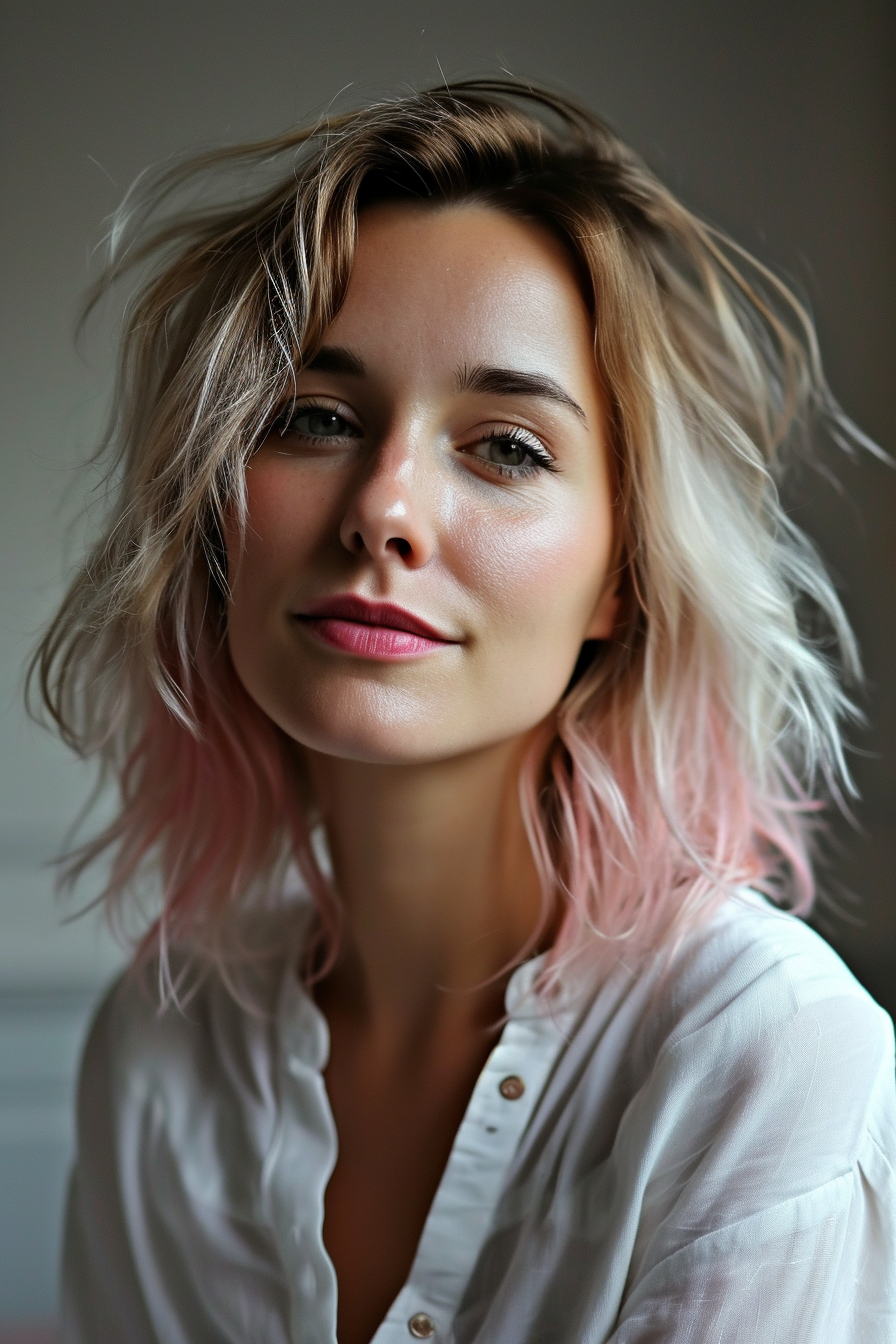 French woman with pink ombre and white blouse