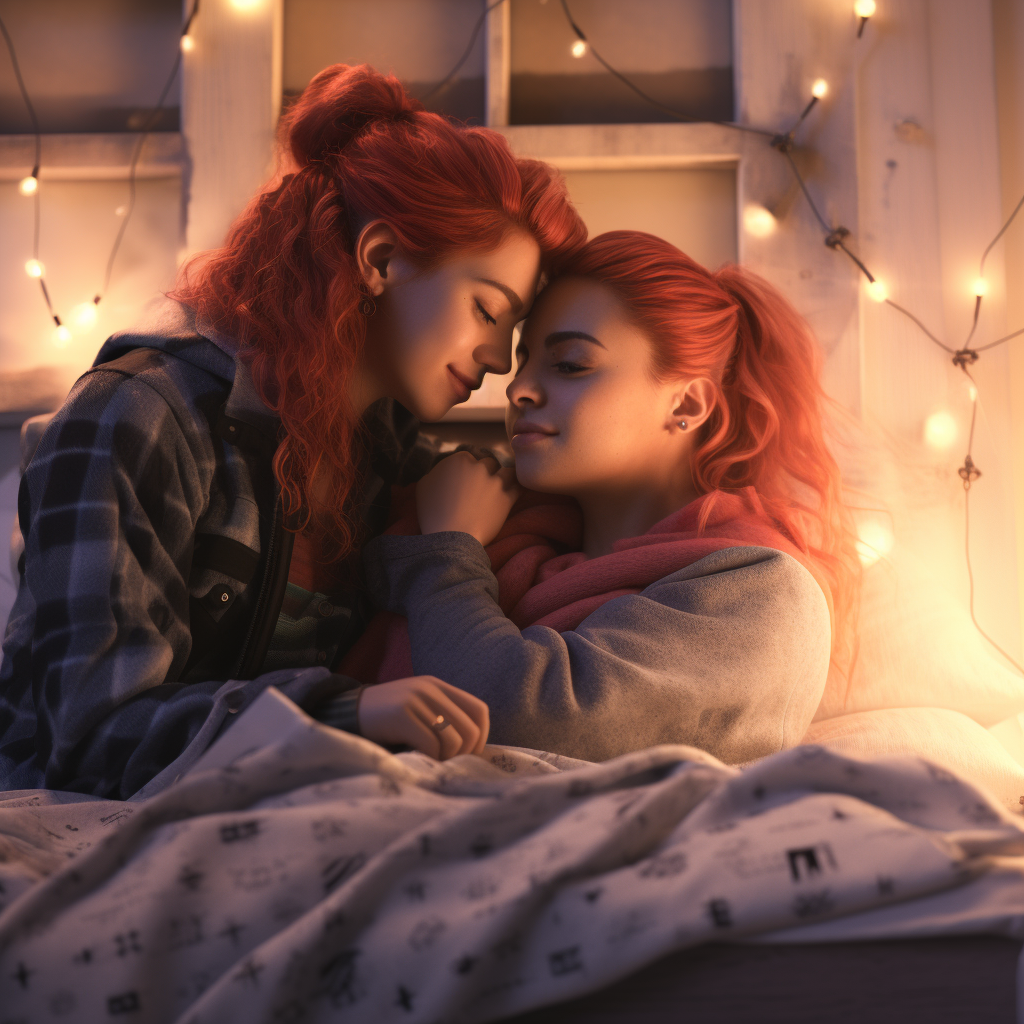 Two Happy Gay Girls Cuddling in Cozy Bed