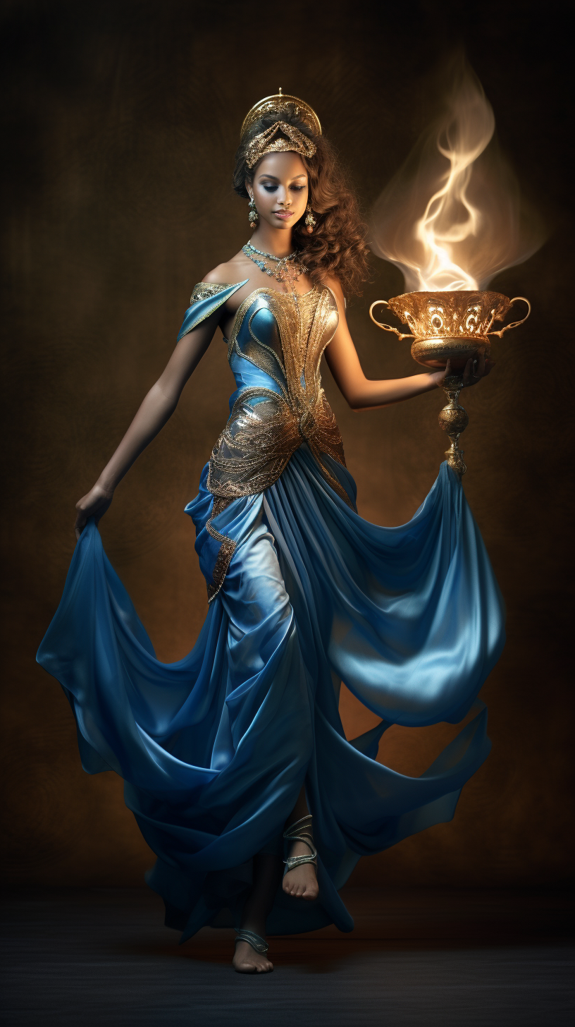 Elegant Genie in Blue Silk Emerging from Magic Lamp