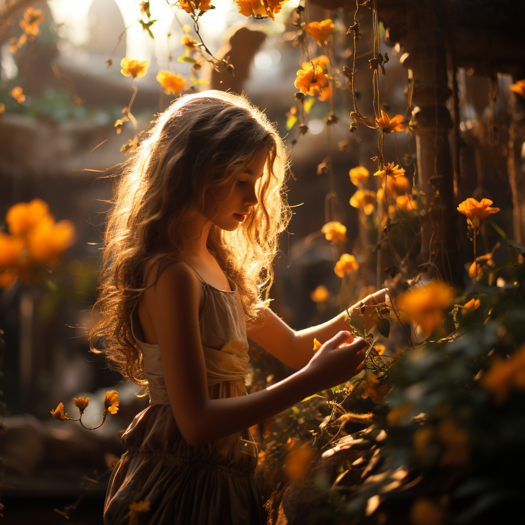 Girl in Garden with Sun and Flowers