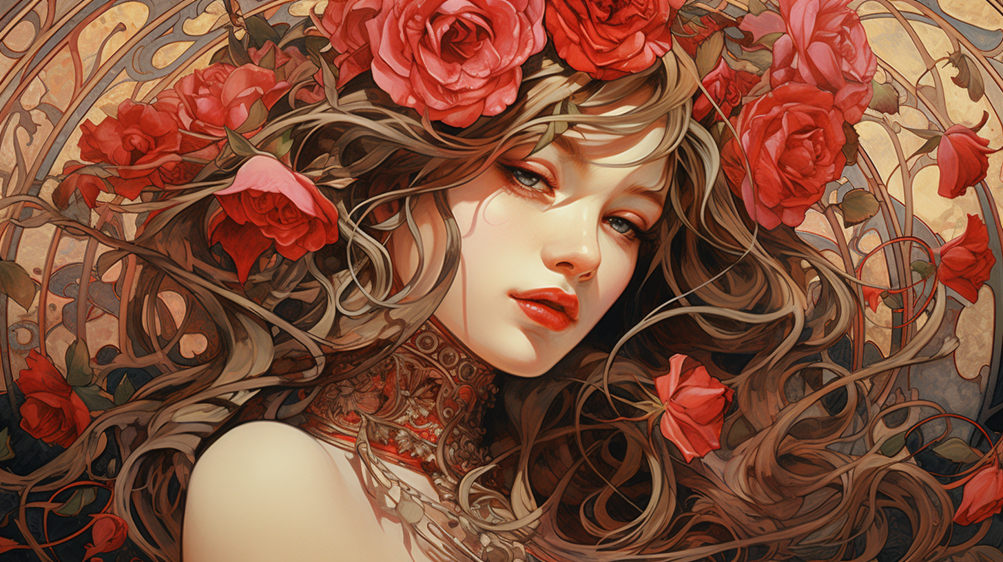 Beautiful girl surrounded by nightingales and roses