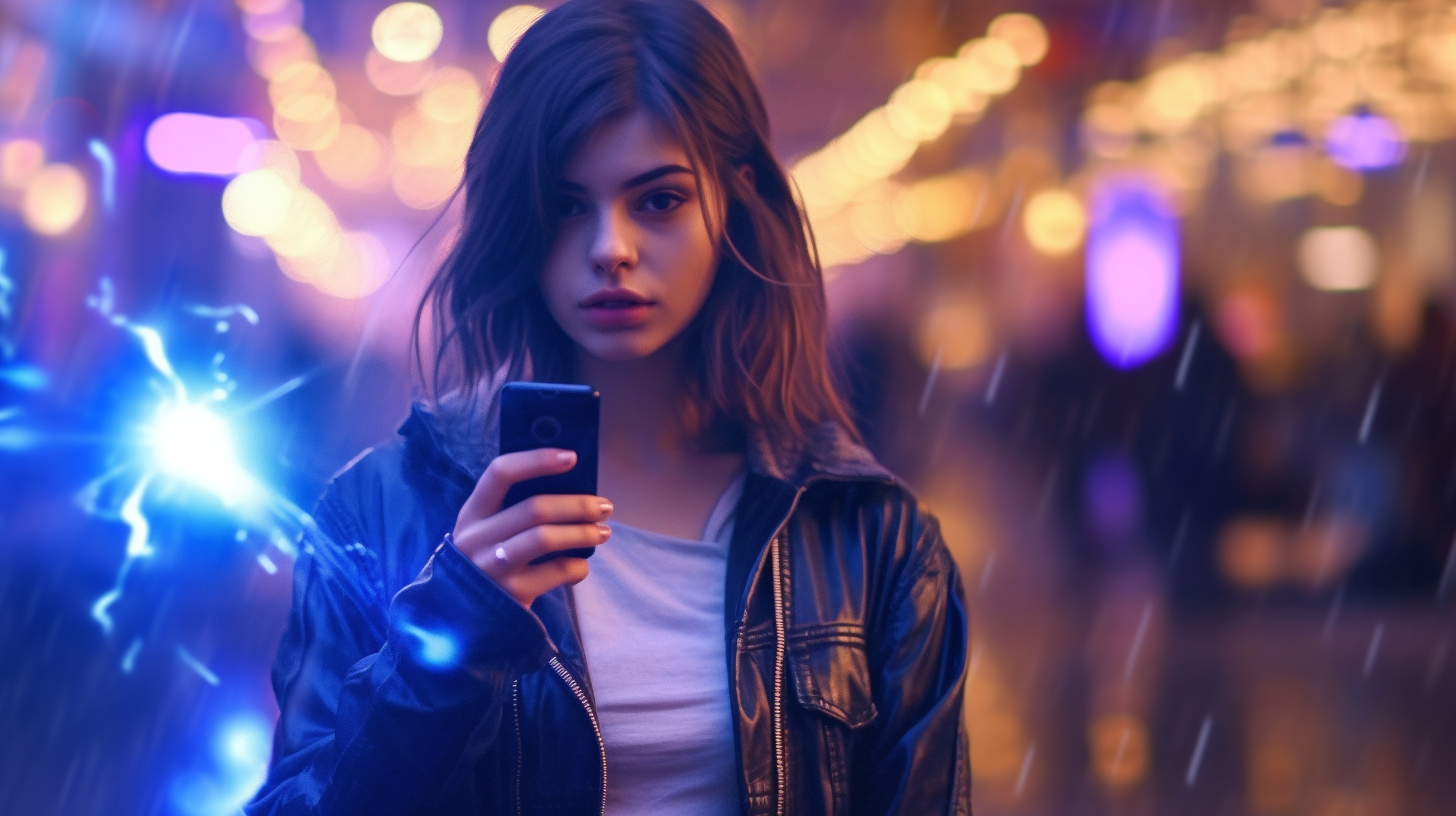 Beautiful girl taking a cell phone self portrait with a riot in the background